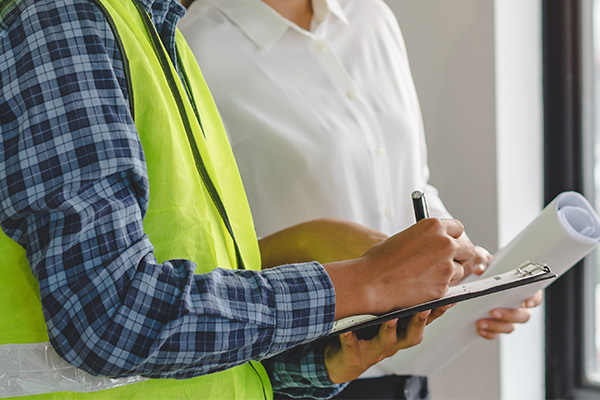 Construction worker takes notes with office worker