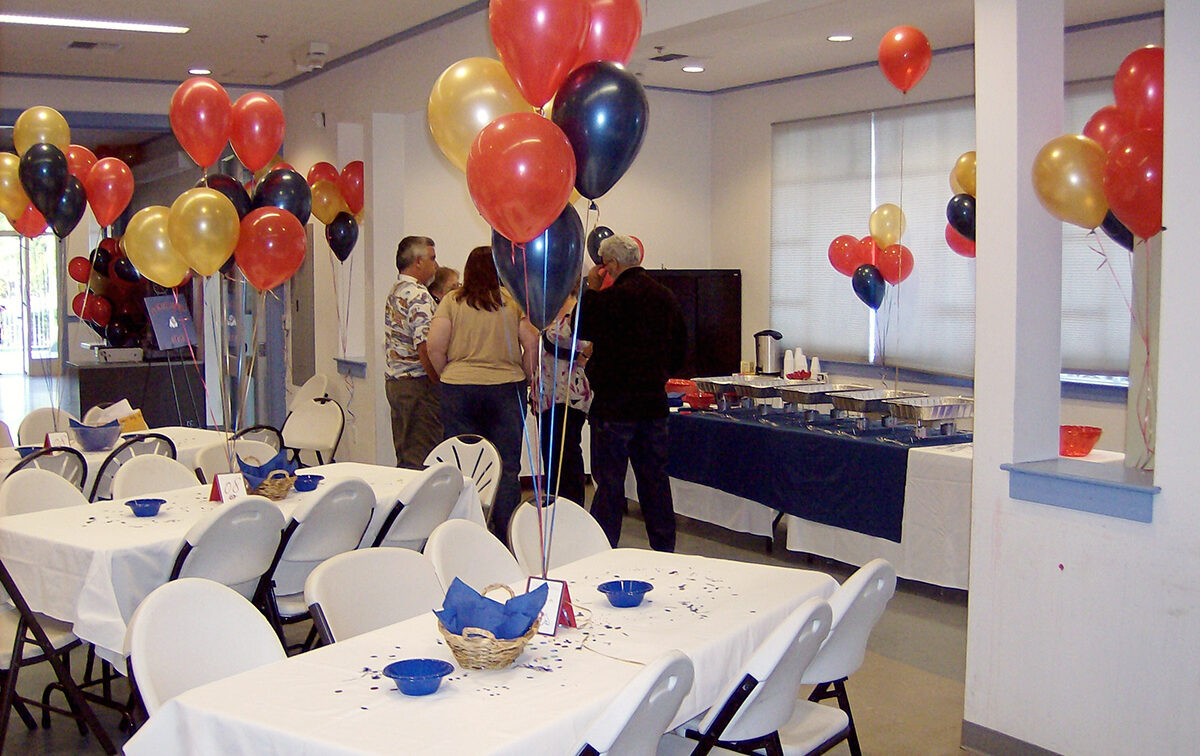 Balloons decorate a room