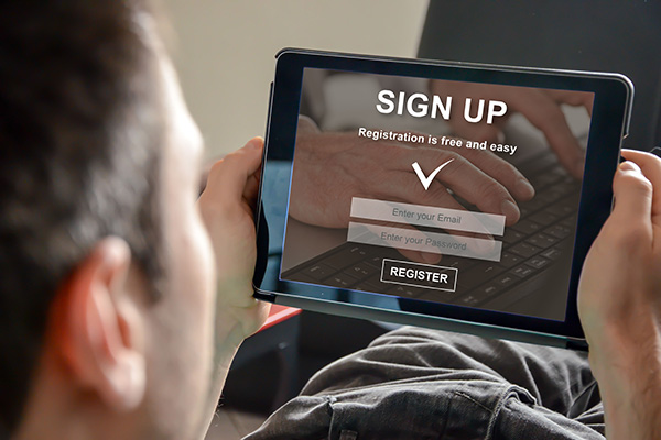 Sign up registraion is free and easy enter your email and password on a tablet