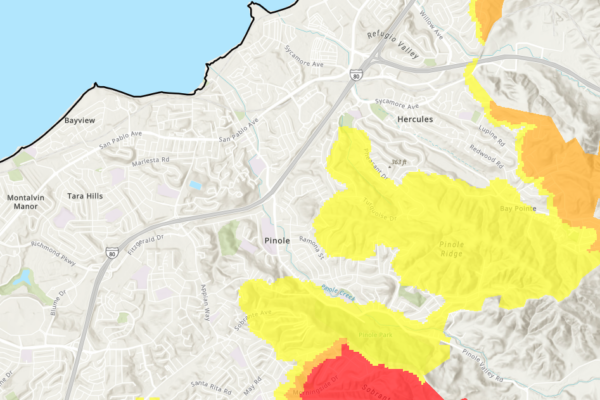 Pinole fire hazard severity map showing yellow moderate zones