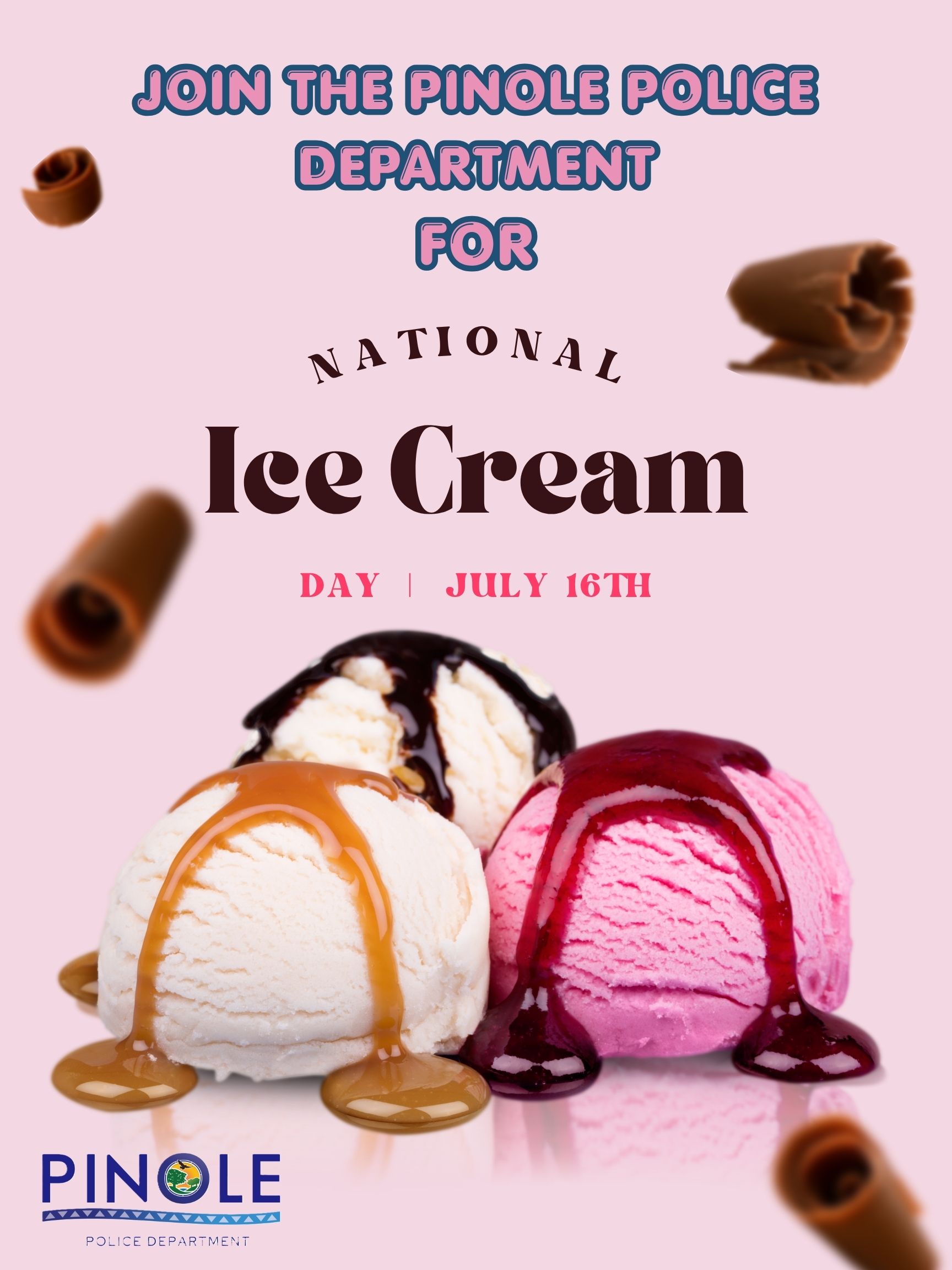 vanilla chocolate and pink ice cream scoops with syrup on pink background