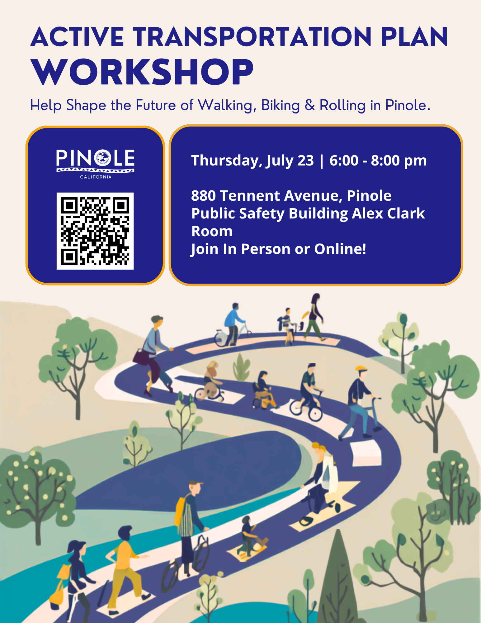 ATP workshop flyer with blue graphics of bikers on a hill