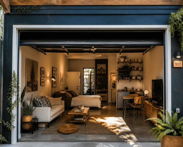 Interior of a converted residential space with an open layout including a bed, sofa, shelving, small dining area, and kitchenette, visible through an open garage-style door.