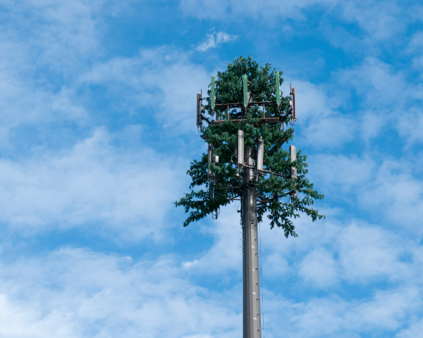 A tall monopole cell tower designed to resemble a tree, with antennas and equipment mounted near the top against a partly cloudy sky.
