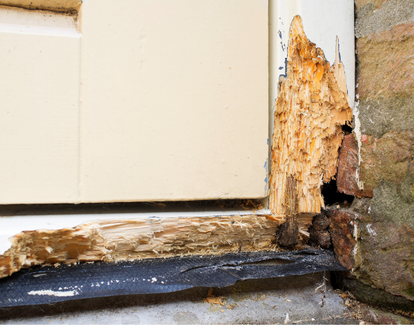 Severe wood deterioration along the bottom corner of a door frame, showing splintered, crumbling, and missing material.