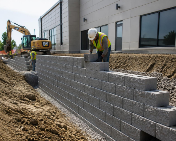 Construction workers building a concrete block retaining wall beside a commercial building, with heavy equipment and gravel backfill along the site.