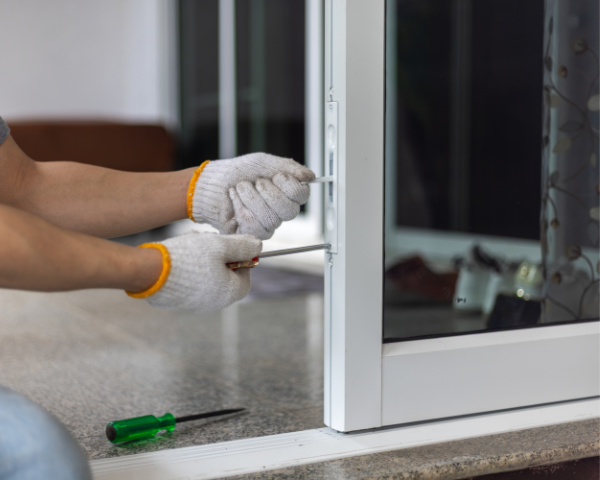 An individual adjusting the hardware on a sliding glass door using a screwdriver, with gloves and tools placed nearby on a countertop surface.
