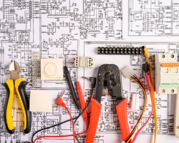 Electrical tools and components arranged on top of detailed electrical schematics, including pliers, cutters, crimping tools, wires, a circuit breaker, connectors, and terminal strips.