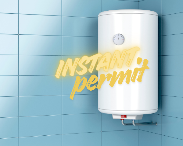 A white cylindrical water heater mounted on a blue tiled interior wall, with a small gauge on the upper portion, and the words “INSTANT permit” overlaid on the image.