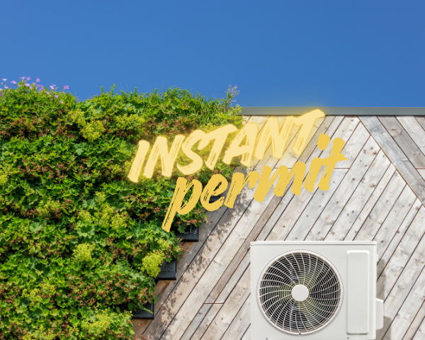 An exterior wall with vertical wood paneling and a mounted rectangular HVAC unit below a circular vent fan, with dense green ivy covering part of the wall. The words “INSTANT permit” appear in stylized yellow text across the upper area.