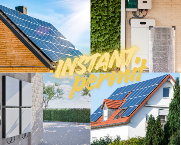 A collage showing rooftop solar panels on two different houses, wall‑mounted battery storage units, and an exterior wall with installed electrical equipment. The words “INSTANT permit” are overlaid in yellow text across the center.