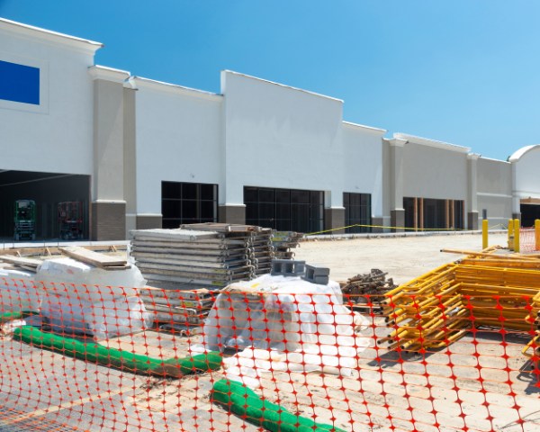 A row of newly constructed commercial building shells with unfinished storefronts, surrounded by construction materials, equipment, and orange safety fencing.