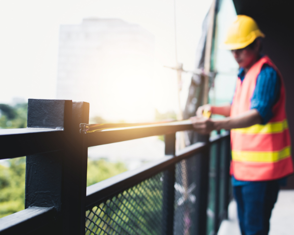 An individual wearing safety gear measuring a metal balcony guardrail on an upper-level walkway with buildings and trees in the background.