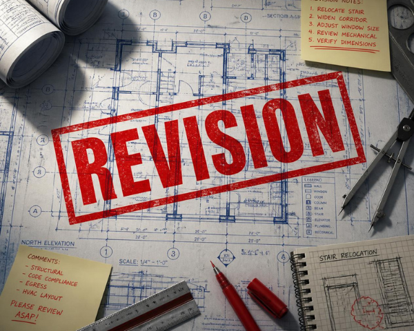 Architectural plans with a large “REVISION” stamp across the center, surrounded by drafting tools, pens, sticky notes with comments, and rolled drawings.