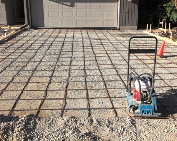 A residential driveway under construction with a grid of rebar laid over compacted gravel in front of a garage, along with construction equipment and wooden formwork.