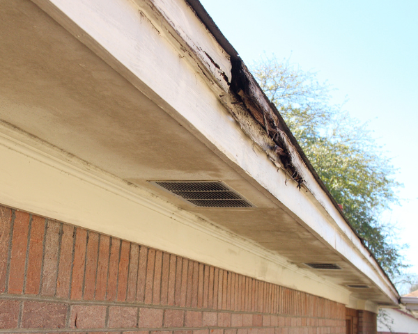 Damaged exterior roof eave showing deteriorated wood with visible rot and broken material along the edge of a residential structure.