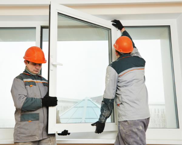 Two workers installing a large white-framed window, positioning it into place on a building exterior.