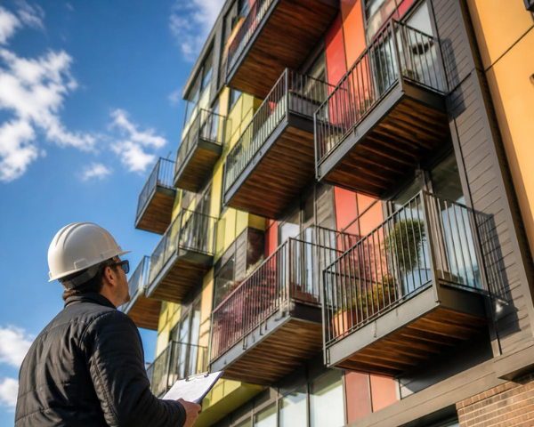 An individual wearing safety gear examining the exterior of a multi‑story building with multiple balconies that have metal railings and wood undersides.