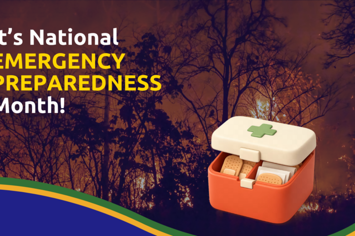 national preparedness month text overlay on burning forest and safety kit